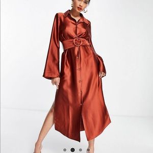ASOS Wide Sleeved Satin Belted Midi Shirt Dress in Rust